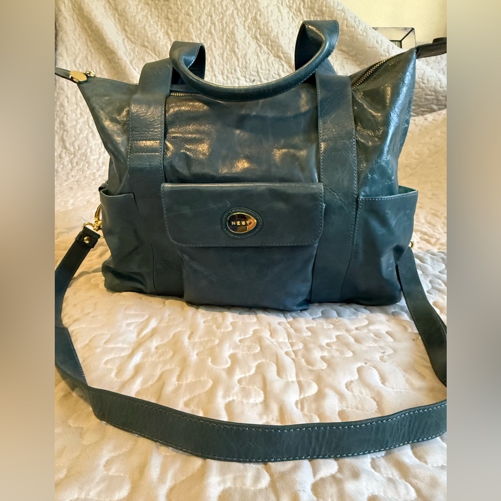 Stylish Turquoise Blue Leather Tote Bag/Diaper bag